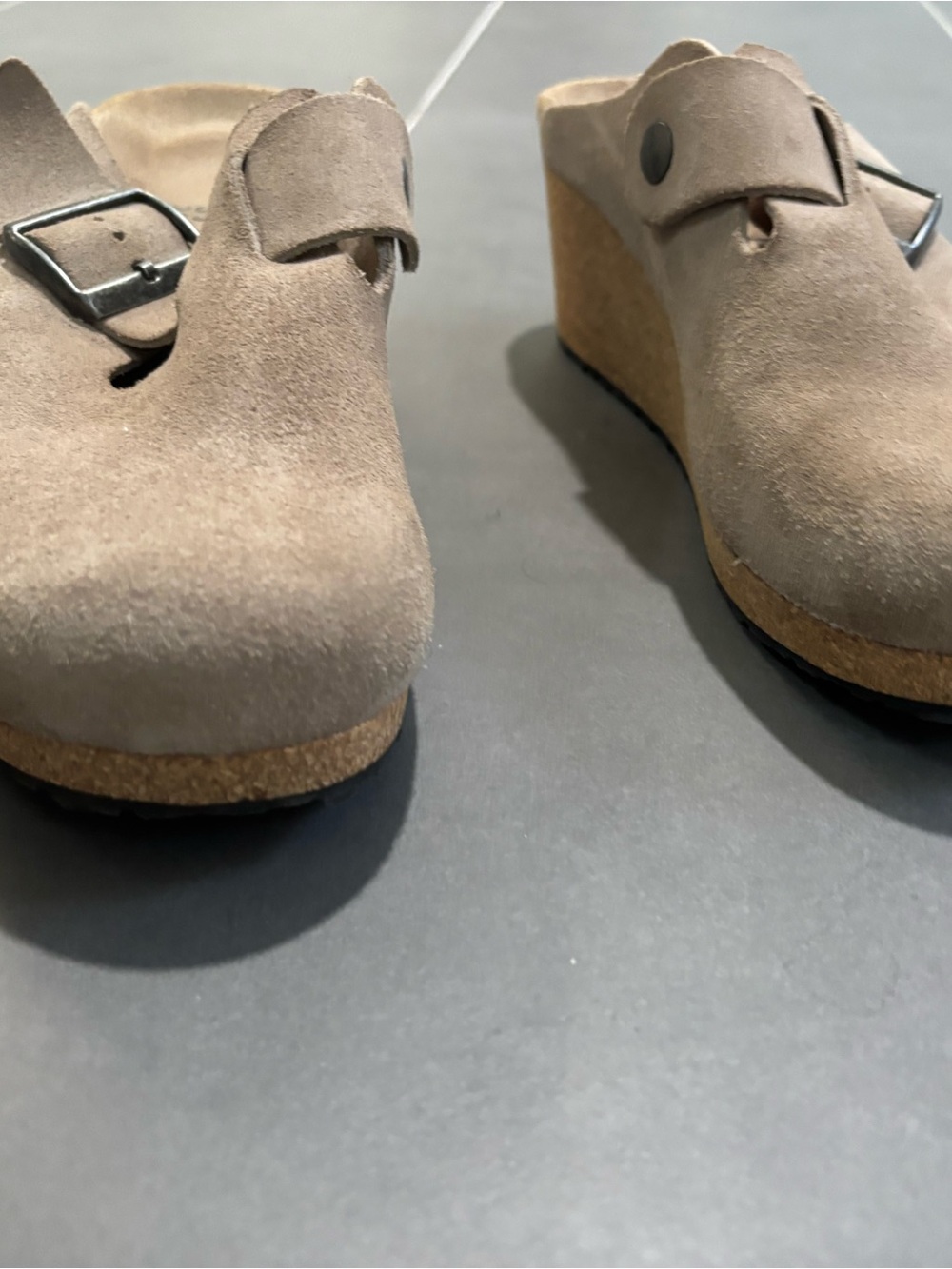 Birkenstock Papillio Taupe Suede Wedge Clogs with Buckle - Picture 2 of 5